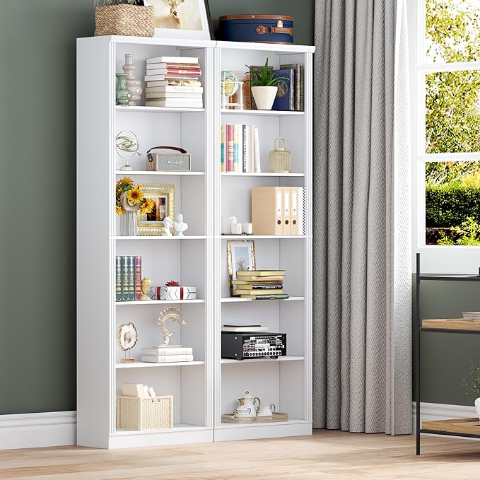 75" Tall Bookshelf, 6-Tier Floor Standing Bookcase with 2 Adjustable Shelves, 24" Wide Open Storage Shelf, Modern Display Organizer for Home Office, Living Room, Bedroom, Study