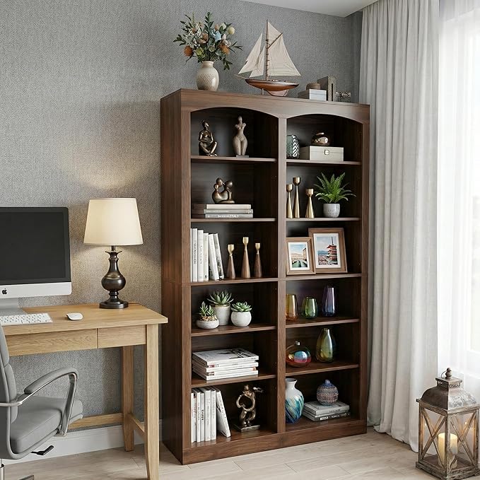 71" Tall Bookcase, Double Wide Rustic Brown Bookshelf with Arched Design, 12-Tier Open Wood Display Shelf Storage Organizer for Living Room, Home Office (41.6" W x 70.8" H)