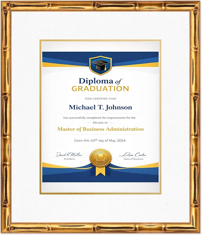 Diploma Frame Gold Bamboo with Oyster Shell Over Gold Double Mat - Fits 11 x 14 College Diploma (Portrait) Wall Display Made in the USA