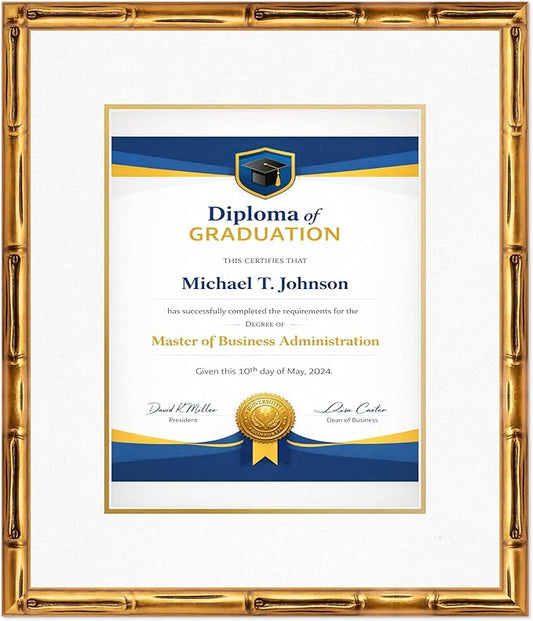 Diploma Frame Gold Bamboo with Oyster Shell Over Gold Double Mat - Fits 11 x 14 College Diploma (Portrait) Wall Display Made in the USA