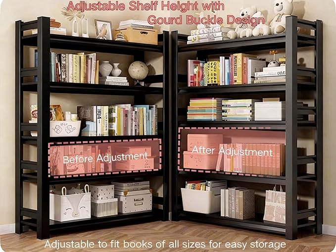 40" W*78" H Book Shelf，5 Tier Metal Wide Bookshelf，Heavy Duty Book Shelfs，Adjustable Shelving Unit，Tall Bookcase，Industrial Bookshelf for Living Room，Bedroom，Office and Library