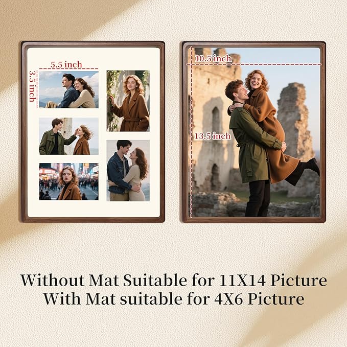 11x14 Collage Picture Frame Walnut Wood, Multiple Five 4x6 Photos or 11x14 without Mat, Rustic Photo Frame with Tempered Glass Hanging Displaying Horizontally or Vertically