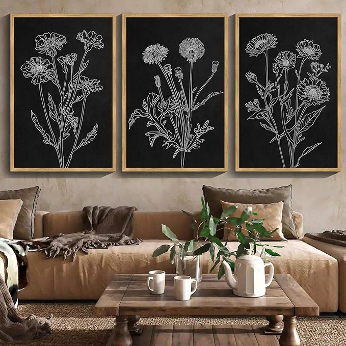 Drsoum Black White Flower Wall Art Vintage Minimalist Floral Wall Hanging Decor Bohemain Botanical Prints Artwork for Bedroom Living Room Hallway 24x36in Natural Framed