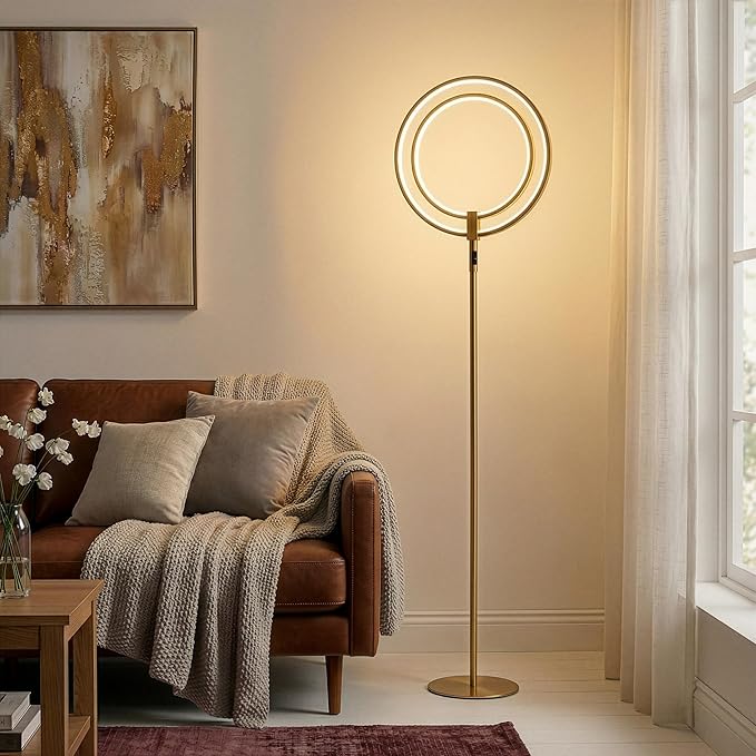 Brightech Eclipse Modern LED Torchiere Floor Lamp - Very High Brightness, Indoor Lamp - Living Room Standing Light - Alternative to Halogen - Built in Touch Dimmer - Gold/Brass