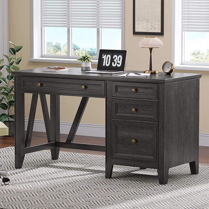 ONBRILL 54 Inch Farmhouse Executive Desk, Computer Desk with Storage Drawers & File Drawer, Modern Home Office Desk with Charging Station for Working, Studying, Writing, Brown (Black)