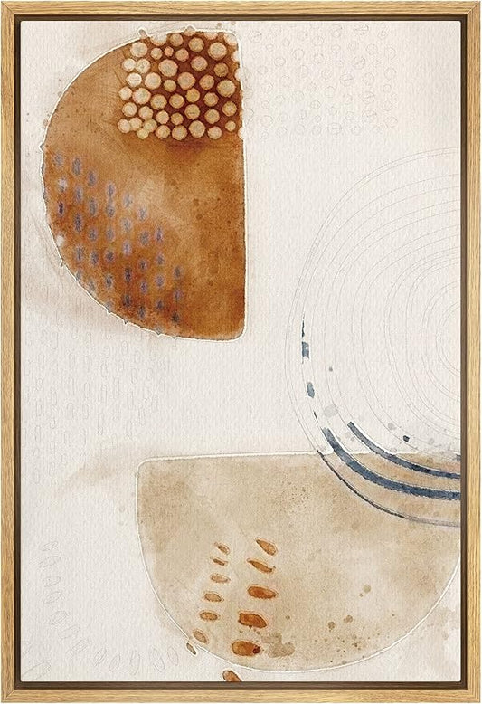 SIGNFORD Framed Canvas Wall Art Brown, Biege and White Organic Circles and Lines Geometric Shapes Illustrations Minimalism Modern Relax/Calm for Living Room, Bedroom, Office - 24x36 inches