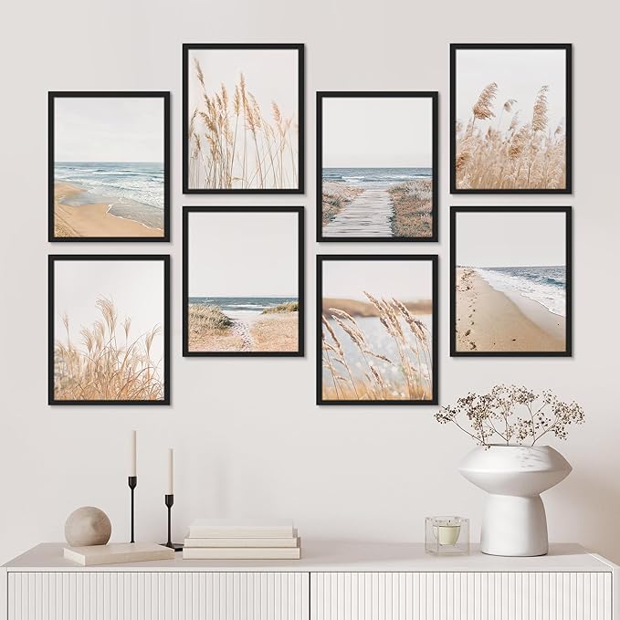 SIGNWIN Framed Poster Wall Art Set of Coastal, Beach Ocean Nature Landscape Prints, Pampas Grass for Living Room, Bedroom, Office - 11"x14"x 8 Black