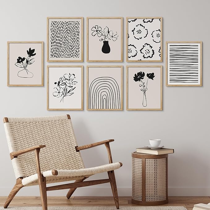 SIGNWIN Framed Poster Bathroom Decor, Wall Art Room Decor Multicolor for Living Room, Bedroom, Office Duotone Black & White Floral Botanical Flower Nature Abstract Shapes - 12"x16"x 8 Natural