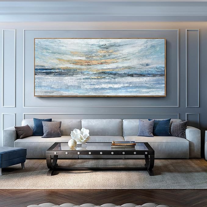 Nicetop Extra Large Framed Abstract Ocean Landscape Wall Art, Serene Sunset Painting with Natural Wooden Frame, Modern Coastal Décor for Living Room, Bedroom & Office, 71x32 Inch