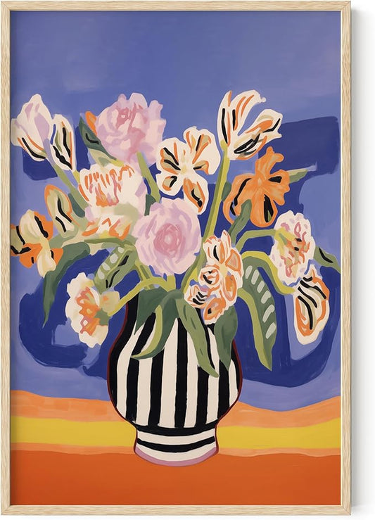 HAUS AND HUES Floral Art Wall Decor - Wildflowers Wall Art for Living Room, Floral Artwork for Bedroom Walls, Flower Painting for College Girls Dorm Room (Striped Vase, Beige Frame, 24x36)