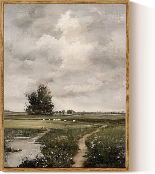 ARPEOTCY Vintage Framed Canvas Wall Art, 12x16 Inch Filed and Path Farmhouse Wall Art for Living Room Bedroom, Canvas Prints with Frame, Retro Home Decor Artwork