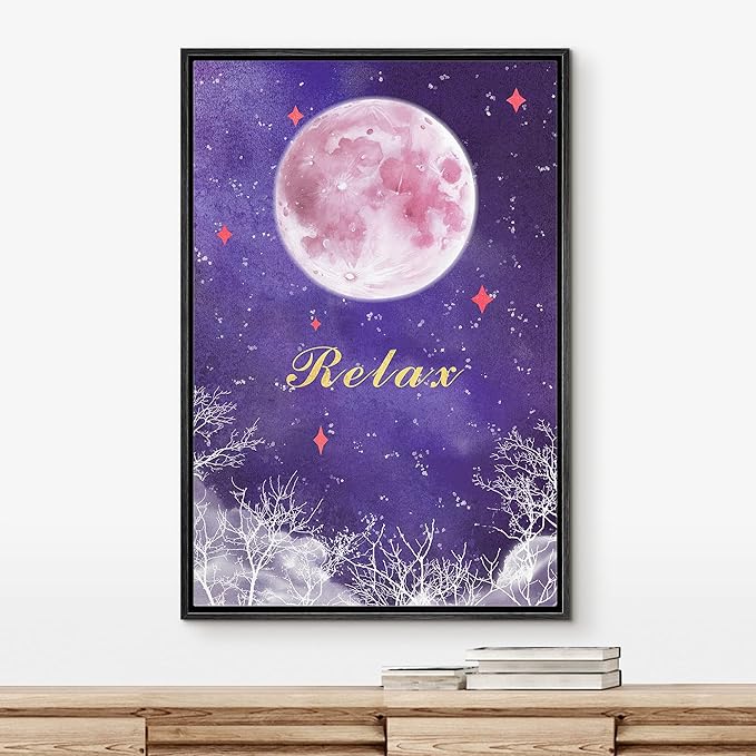 IDEA4WALL Framed Canvas Print Wall Art Tranquil Watercolor Galaxy with Pink Moon Astronomy & Space Sky Illustrations Modern Art Glam Colorful Ultra for Living Room, Bedroom, Office - 16"x24" BLACK