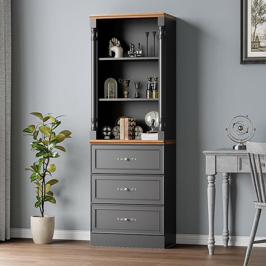 Bookshelf with Drawers, 71" Tall Wood Bookcase with Adjustable Shelf, 24" Wide Book Shelf, Floor Standing Display Storage Cabinet for Home Office, Study and Living Room, Antique Black