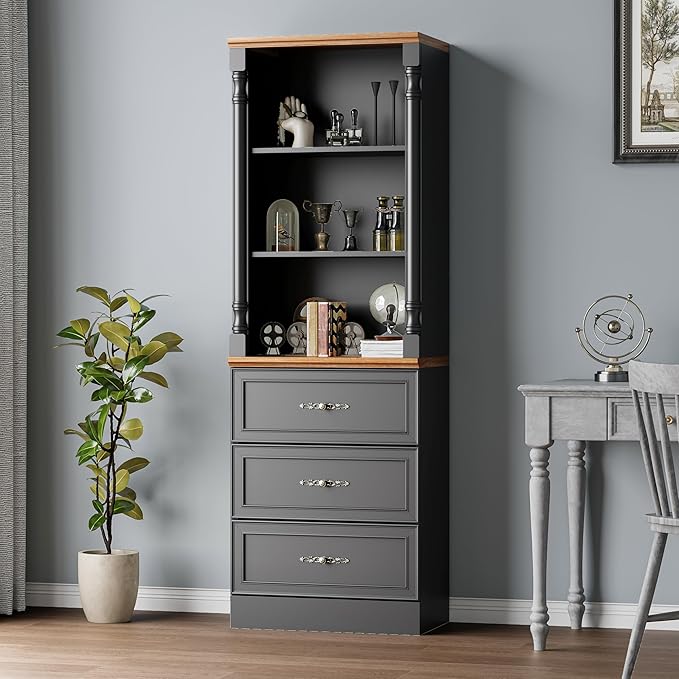 71'' Tall Bookshelf with 3 Drawers, Bookcase Storage Cabinets with 3-Tier Adjustable Shelves, Wooden Deep Book Shelf Kitchen Pantry for Living Room, Office, Bathroom, Black