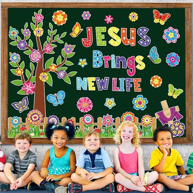 gisgfim Christian Spring Bulletin Board Decoration Set Religious Flower Tree Borders Cutouts for Party School Classroom Door Welcome Easter Bulletin Board Craft Home Wall (Jesus Brings New Life)