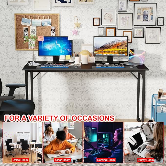 PayLessHere | 55 Inch Computer Desk | Black | Office Desk with Metal Frame, Adjustable Feet | Water-Resistant, Scratchproof Surface | Sturdy Writing Table for Home Office or Study | Pack of 1