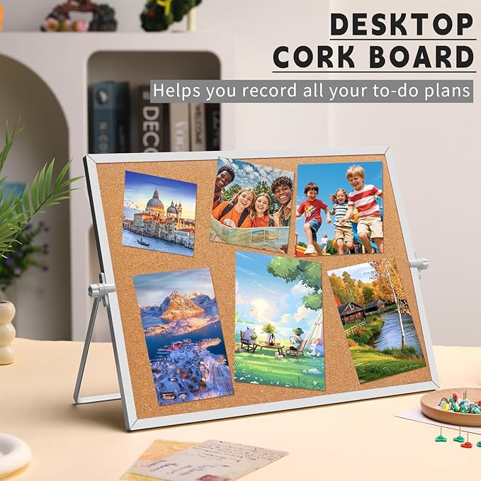 11.81"×15.74" Cork Board Bulletin Board, Double Sided Pin Board with Silver Aluminum Border, Desktop Small Cork Board with Stand Suitable for Home, Office, Desk Message Board or Picture Board