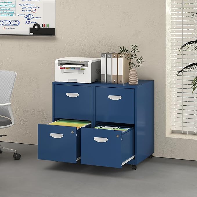 2 Drawer File Cabinet with Lock, Filing Cabinets with Wheels, Rolling File Cabinets for Home Office, Metal Office File Cabinet, Mobile Filing Cabinet for Holding Letters and File Boxes, Blue