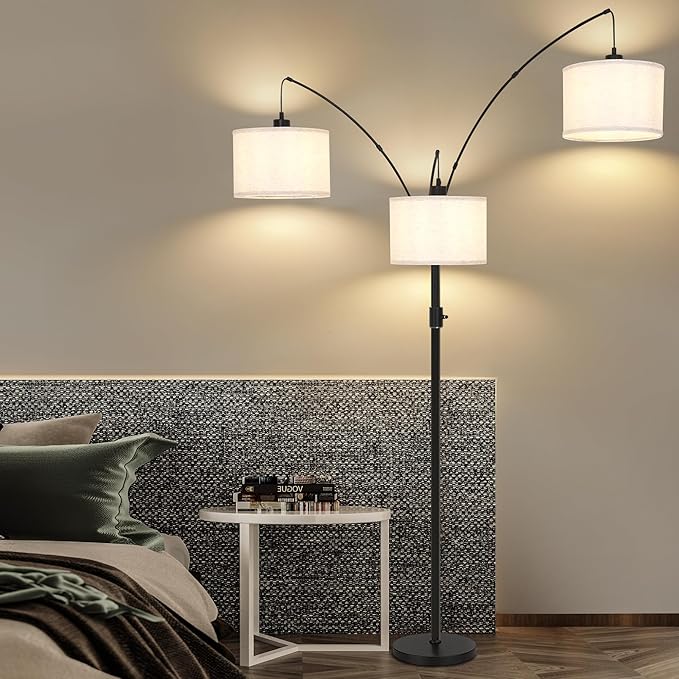 Dimmable Arc Floor Lamp-3 Lights Floor Lamps for Living Room,Modern Tall Standing Lamp with Beige Drum Shades&Heavy Base,Mid Century Tree Floor Lamp for Bedroom Corner Office,Bulbs Included