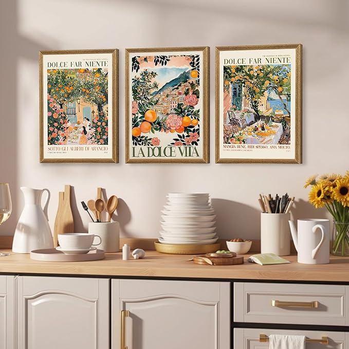 SYWENNOI 3 Pieces Wood Framed Italy Scenes Canvas Wall Art, Tuscan Wall Decor for Living Spaces, Vintage City Landscape Art Poster Prints for Bedroom Kitchen Dining Room Ready to Hang 12x16 inches
