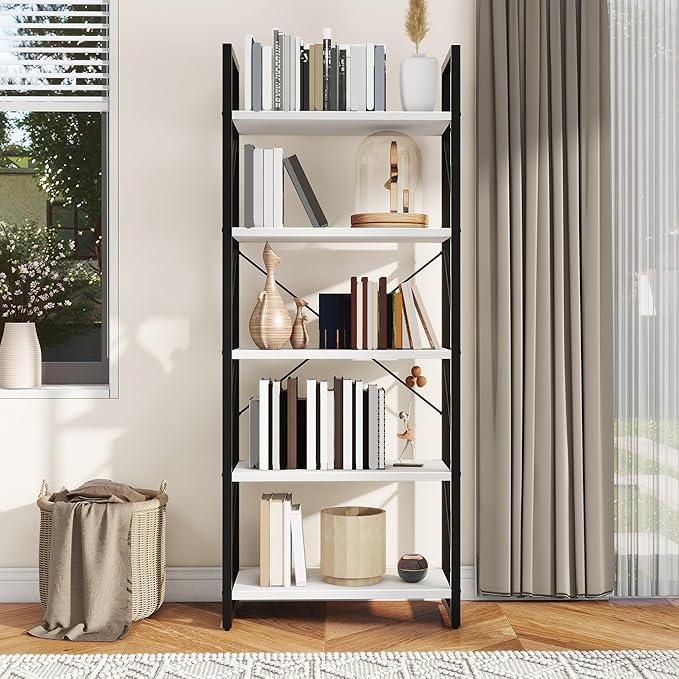DWVO 5 Tier Bookshelf, White Bookase Storage Organizer, Modern Book Shelf Storage Rack Shelves for Bedroom, Living Room, Home Office, White