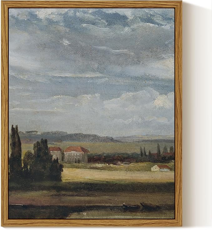 InSimSea Framed Canvas Print Art, Vintage Countryside Landscape Painting, Rustic Farmhouse Cottage Decor for Hallway Wall Floating Shelf Desk Vanity Fireplace,10x8in, Neutral Tones