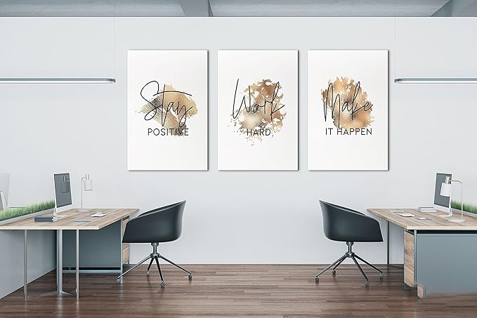 SHMAO Brown Office Canvas Wall Art Motivational Wall Decor, 3 Piece Stay Work Make Print Pictures for Office Wall Decor Women Inspirational Framed Artwork Home Office Decor 24”x36”x3 Panels