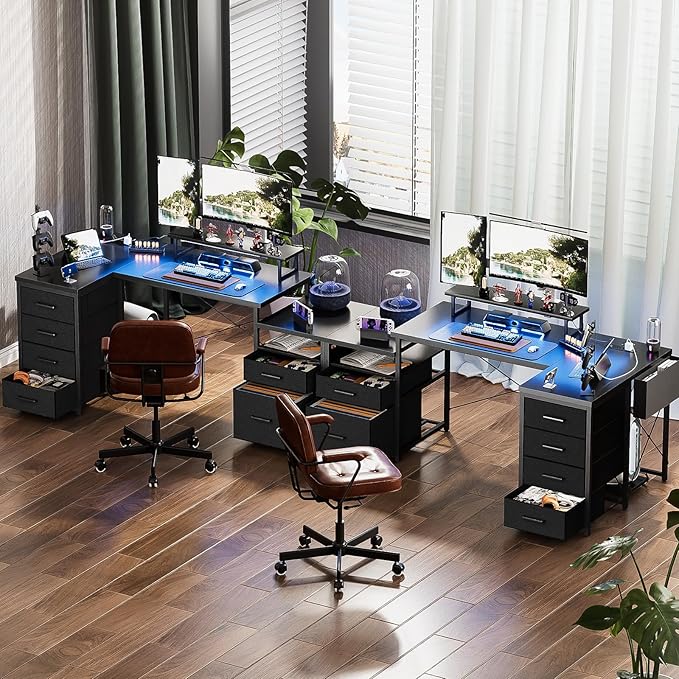 Unikito Reversible L Shaped Computer Desk with Fabric File Drawers, 70.8" Large Office Corner Desk with RGB LED Lights & Power Outlets & Monitor Stand & CPU Stand, Sturdy L Shape Gaming Desk, Black