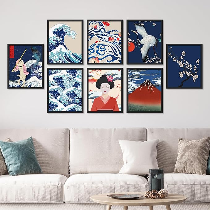 SIGNWIN Framed Poster Bathroom Decor, Wall Art Room Decor Multicolor for Living Room, Bedroom, Office Japanese Great Wave Ukiyo-e Nature Landscapes Vintage Bohemian - 12"x16"x 8 Black