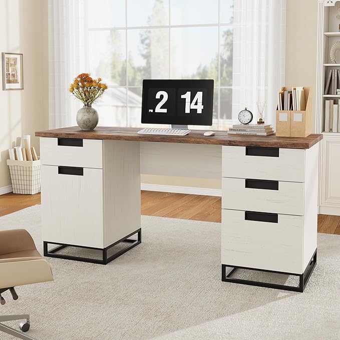 Garvee 59 in Farmhouse Executive Desk, Home Office Desk with File Drawer and Storage Cabinet, Wooden Computer Table with 3 Drawers for Work and Study ，White+Vintage/Black