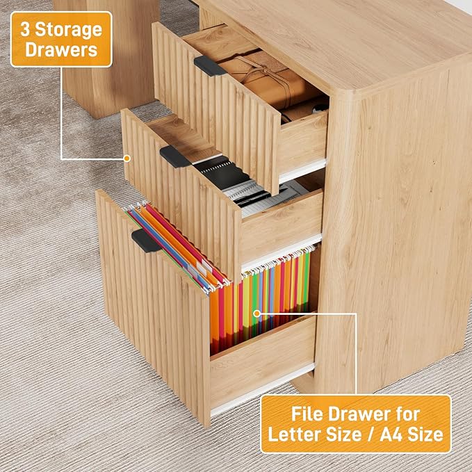 68" L Shaped Fluted Desk with Hutch,Office Table with 3 Drawers and Sliding Doors, Executive Desk with File Drawers and Charging Station,Light Strips, Wood Workstation for Home Office,Oak