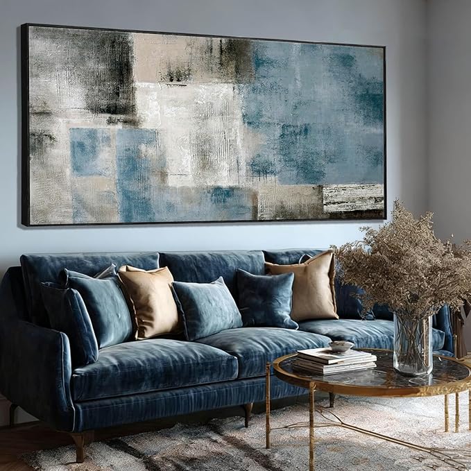 SDYA Blue Abstract Wall Art Canvas Painting Modern Minimalist Artwork for Living Room Bedroom Office, Neutral Blue Gray Textured Wall Decor Oil Painting 32"x70"