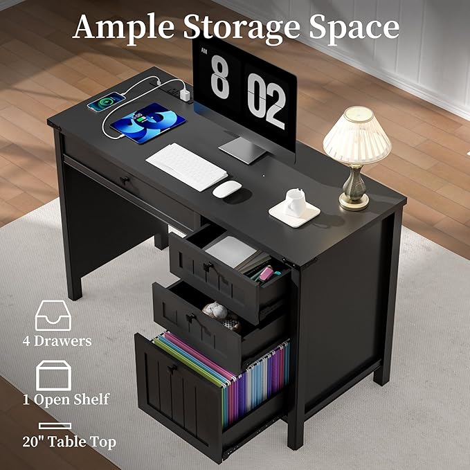 Executive Desk, Farmhouse Computer Desk with Drawers & Cabinet, Home Office Desk for Work Study Writing Workspace (Black, 45")