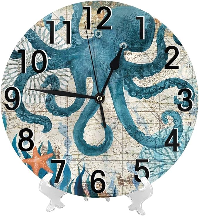 Blue Octopus Nautical Map Wall Clock Battery Operated Silent Round Clock Wall Decor for Home Office School, 12 Inch