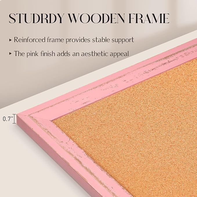 Cork Bulletin Board, 24" x 18" Corkboard for Wall, Pink Wooden Frame, Decorative Hanging Pin Board Tack Board for Home Office Decor, 10 Push Pins