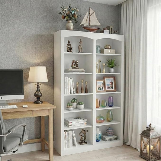 71" Tall Bookcase, Double Wide White Bookshelf with Arched Design, 12-Tier Open Wood Display Shelf Storage Organizer for Living Room, Home Office (41.6" W x 70.8" H)
