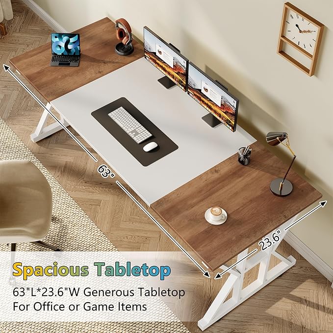 TVU Computer Desk, 63 inch Large Office Desk, Study Writing Table with Thicken Frame, Gaming Desk, Modern Simple Desk for Home Office, Brown/White