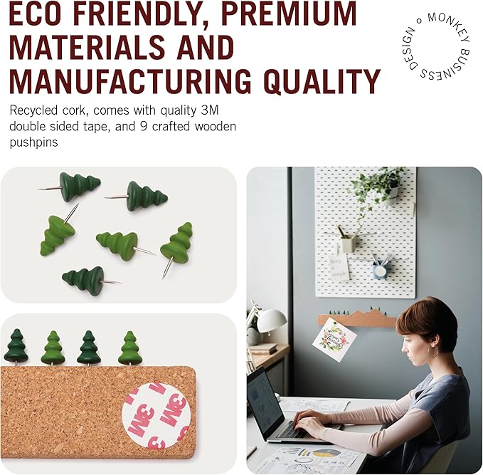 Monkey Business Memo Mountain Cork Board Strip - Corkboard Pin Board with Mountain Scene Pushpins, Office Accessories, Cute Cork Boards for Walls