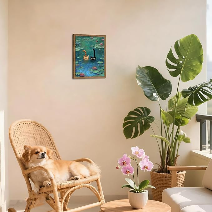 Framed Cat Wall Art, Vintage Whimsical Claude Monet Canvas Wall Decor Painting, Cute Funny Water Lilies Cat Poster Print Picture for Living Room Bedroom Bathroom 12x16 Inch
