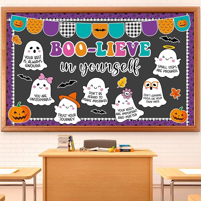 Halloween Bulletin Board Decorations Set Boo-Lieve in Yourself Classroom Decor Spooky Boo Ghost Pumpkin Paper Cutouts for Halloween Party October Office School Classroom Chalkboard Wall Supplies Favor