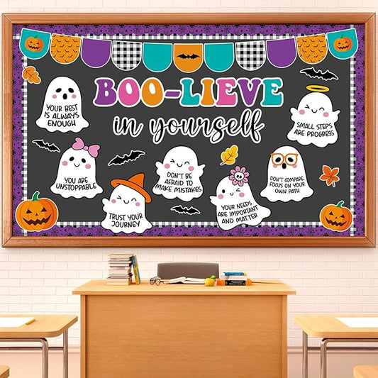 Halloween Bulletin Board Decorations Set Boo-Lieve in Yourself Classroom Decor Spooky Boo Ghost Pumpkin Paper Cutouts for Halloween Party October Office School Classroom Chalkboard Wall Supplies Favor