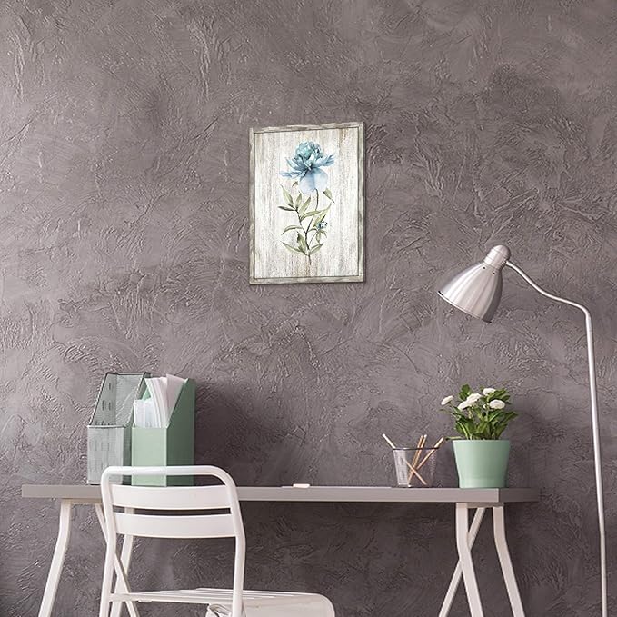 UTOP-art Wood Flower Wall Art Prints Blossom Floral Wall Decor Blue Picture on Rustic Wooden Textured Artwork Painting for Bedroom Small Panel office artwork wall decor