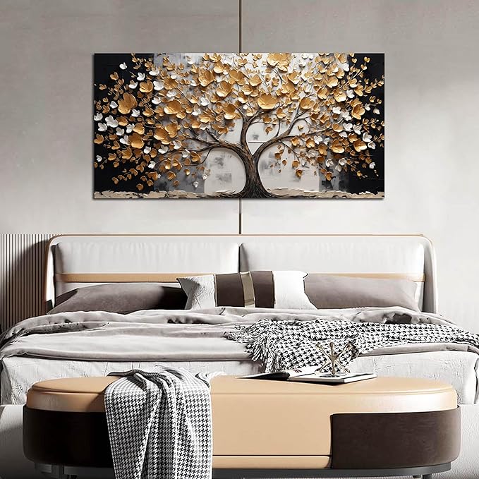 SKYRISE Abstract Gold Tree Wall Art for Living Room, Golden Tree Canvas Wall-Decor for Bedroom, Modern Landscape Decorative-Picture Print Artwork for Office Home, Size 48x24 Inches