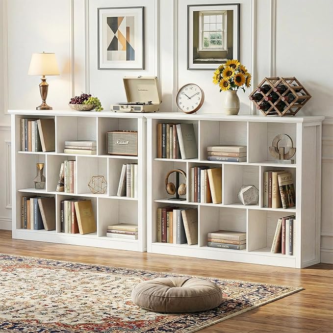 Unikito 10 Cube Storage Book Shelf - 50" Wide Wood Cube Storage Organizer, Wooden 3 Tiers Floor Standing Low Bookcase for Living Room, Bedroom, Home Office, Kids Room