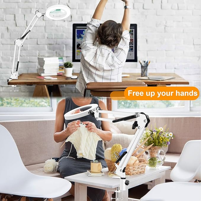 10X Magnifying Glass with Light and Stand, Magnifier with Light Hands Free, 3 Color Modes 10 Level Dimmable, Magnifying Real Glass LED Desk Lamp for Close Work, Repair, Reading, Craft, White