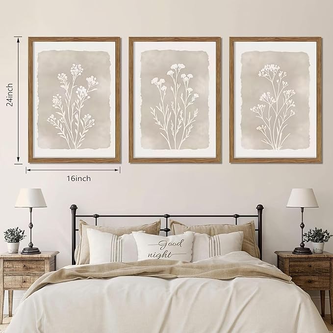 Framed Boho Botanical Flower Wall Art Set of 3, Vintage Minimalist Neutral Floral Wall Decor Paintings, Rustic Farmhouse Wildflower Artwork Prints Picture for Living Room Bedroom Bathroom 16x24 Inch