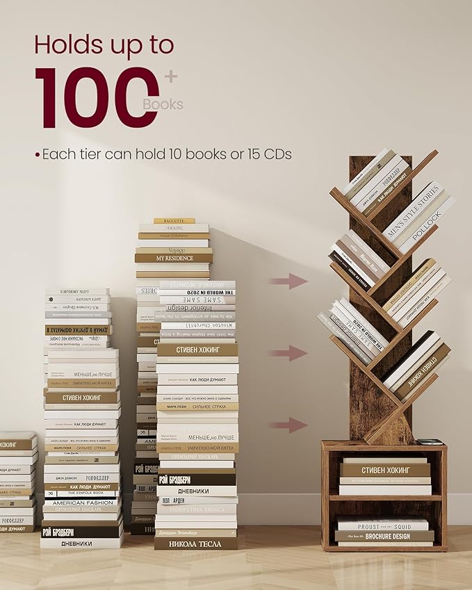 VASAGLE Custos Collection - Tree Bookshelf, Modern Bookcase, Floor Standing Book Shelf, for Bedroom, Living Room, Home Office, 2 Open Compartments, 8 x 15 x 48.5 Inches, Rustic Brown ULBC607K01