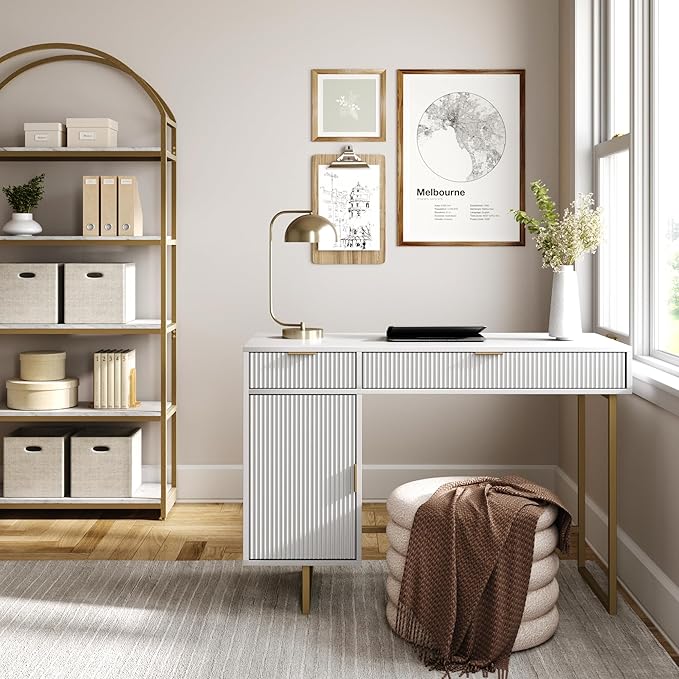 Nathan James Jacklyn White Modern Computer Desk, Workstation or Writing Desk for Small Spaces with Drawers and Cabinet Storage, White/Pale Gold