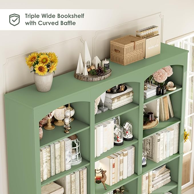 FACBOTALL 71" Triple Wide Bookshelf, 6 Tier Tall Bookshelf, Large Arched Bookcase with Curved Baffle, 63.4" Wide Book Shelf with 18 Open Display Shelves for Living Room, Study, Green
