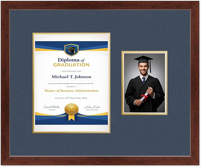 Diploma Frame With Photo Opening Rustic Walnut Navy Blue Over Gold Mat - Fits 8.5 x 11 Degree and Picture Made in the USA